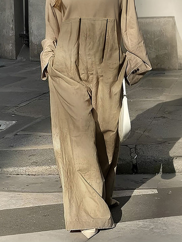 Round-Neck Pleated Pocket Long-Sleeve Jumpsuit
