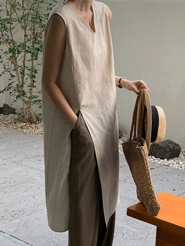 V-Neck Side-Split Sleeveless Relaxed Vest