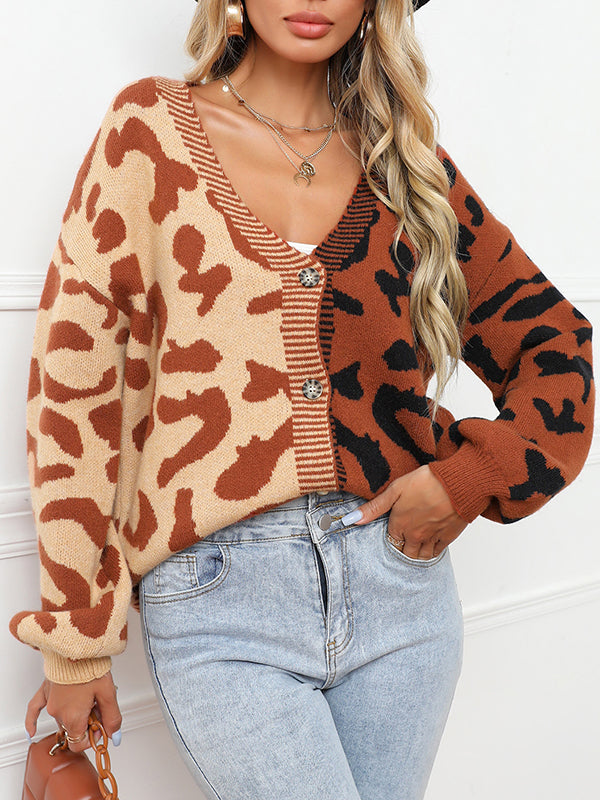 Leopard Print V-Neck Button-Detail Long-Sleeve Cardigan