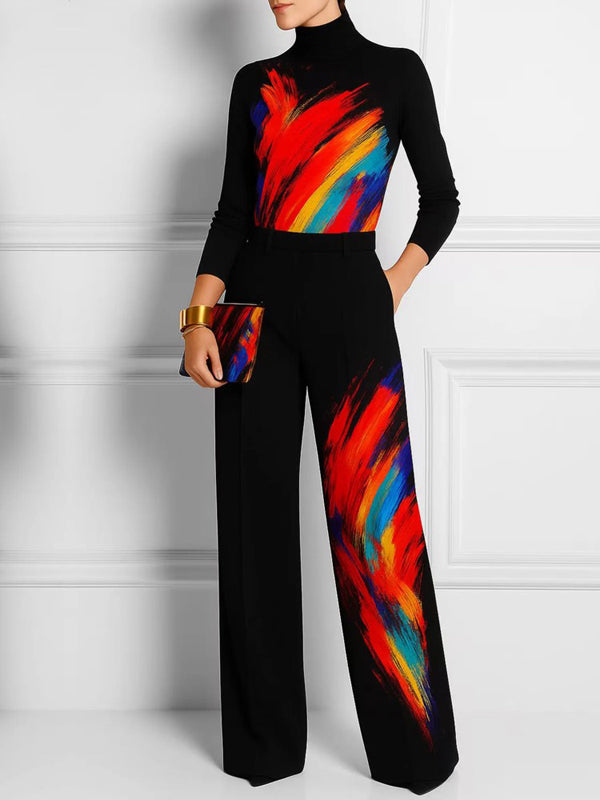 Printed Wide-Leg Pocket Contrast Pants
