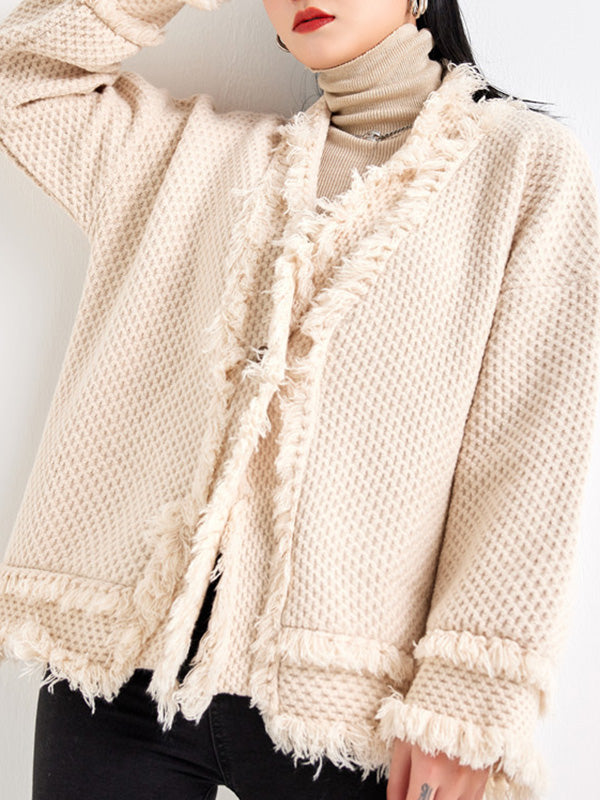 V-Neck Fringe Button-Detail Long-Sleeve Cardigan