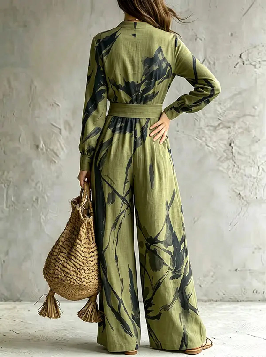 Printed Wide-Leg V-Neck Zip Jumpsuit