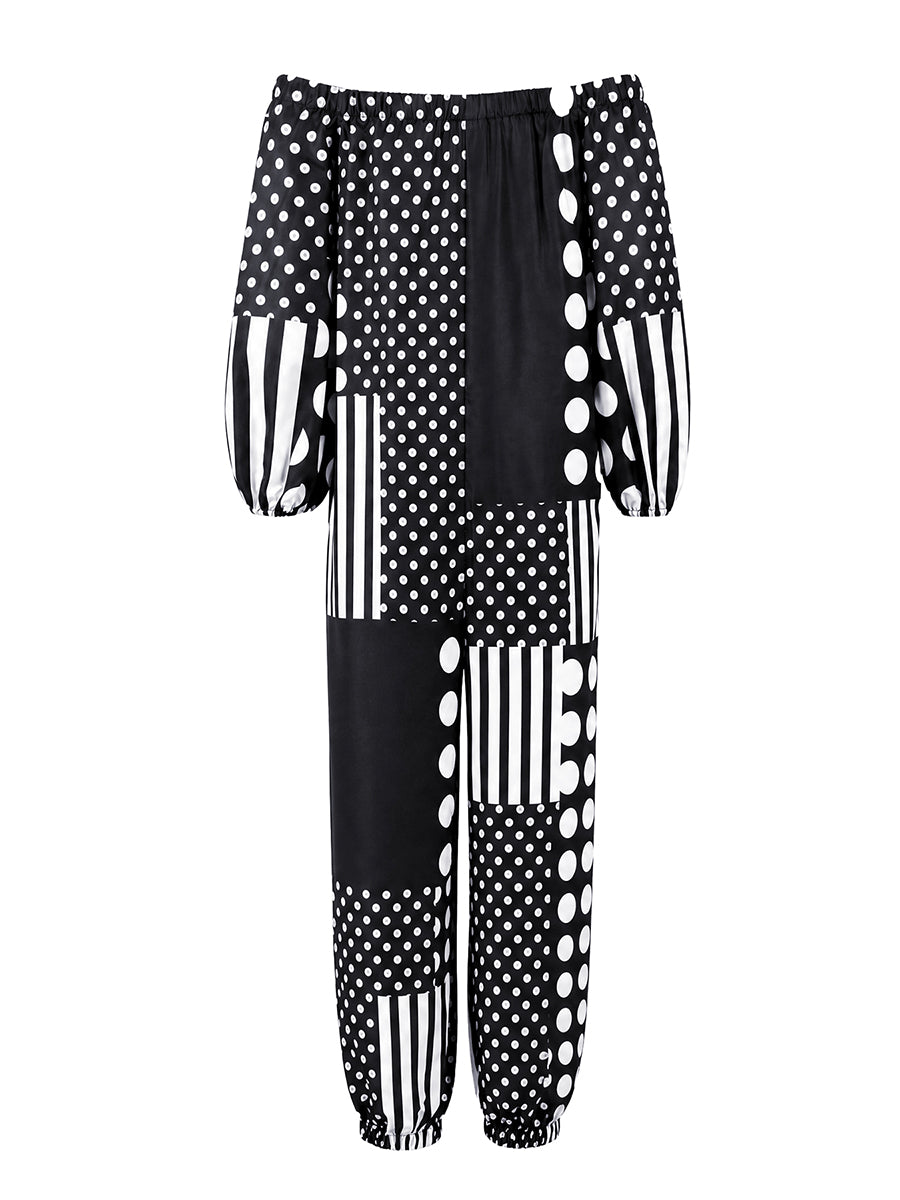Polka Dot Striped Long-Sleeve Elastic Jumpsuit