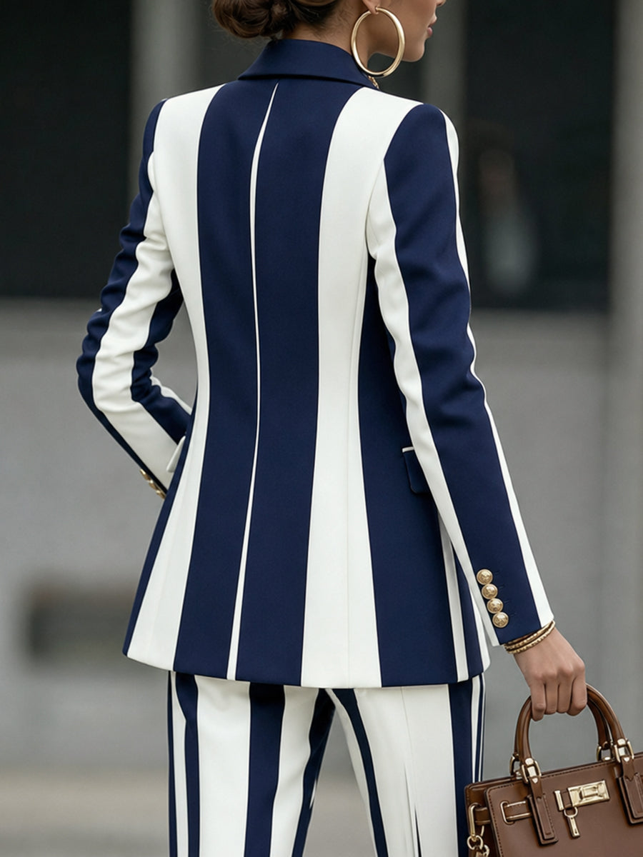 Striped Notch-Collar Button-Detail Long-Sleeve Blazer