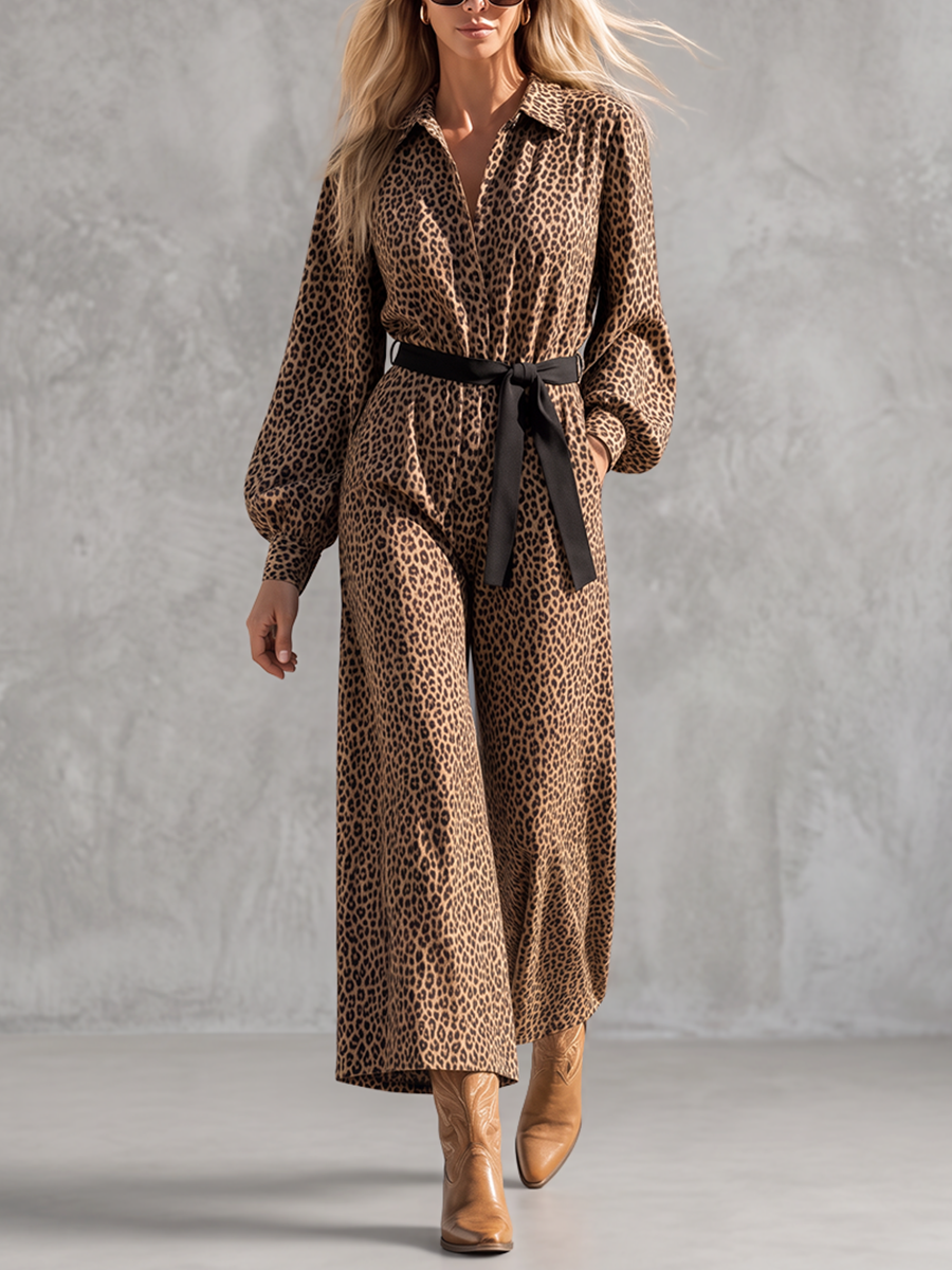 Leopard Print Wide-Leg Button-Detail Pocket Jumpsuit
