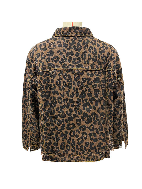 Leopard Print Fringe Button-Detail Pocket Jacket