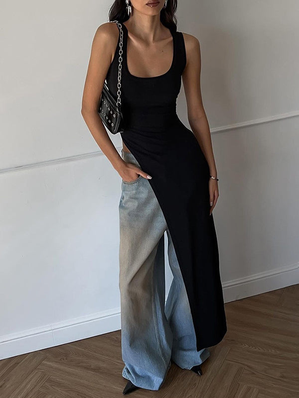 Square-Neck Asymmetric Side-Split Sleeveless Tank Top