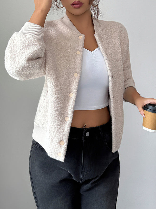 Button-Detail Pocket Long-Sleeve Elastic Jacket