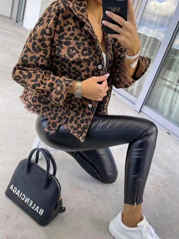 Leopard Print Fringe Button-Detail Pocket Jacket