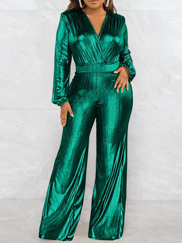 High-Waist V-Neck Elastic Jumpsuit