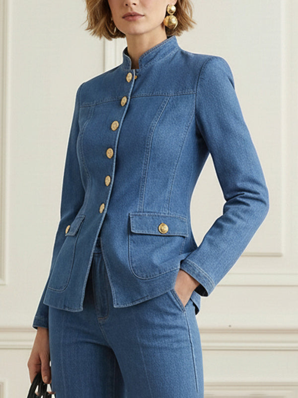 Stand-Collar Button-Detail Pocket Long-Sleeve Jacket