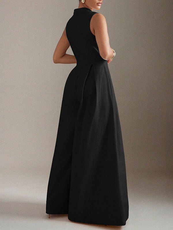 Wide-Leg Round-Neck Pleated Zip Jumpsuit