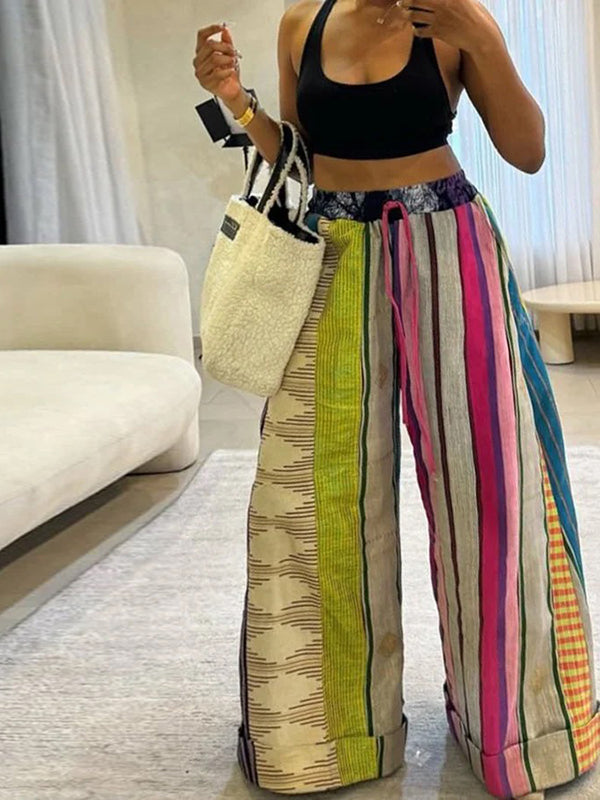 Striped Wide-Leg Drawstring Relaxed Pants