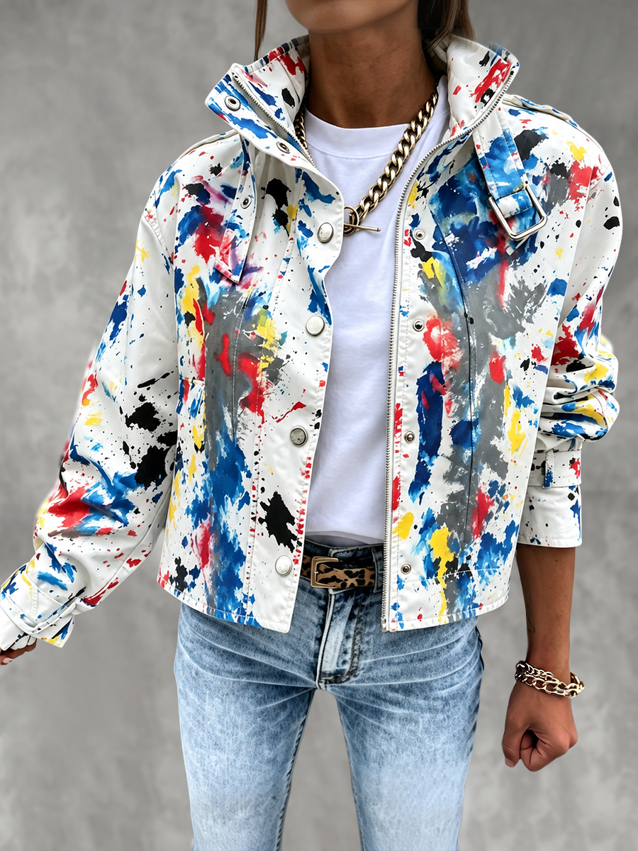Printed Stand-Collar Button-Detail Zip Jacket