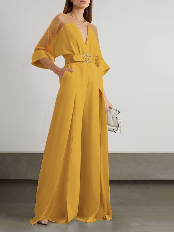 High-Waist V-Neck Contrast Jumpsuit