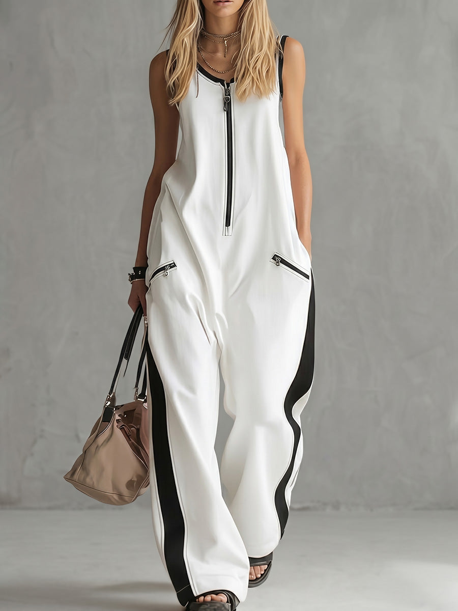 V-Neck Zip Pocket Sleeveless Jumpsuit