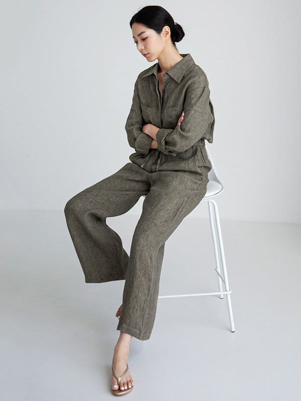 Linen Wide-Leg Drawstring Long-Sleeve Jumpsuit