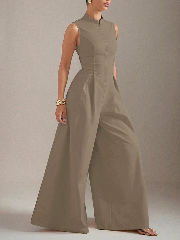 Wide-Leg Round-Neck Pleated Zip Jumpsuit