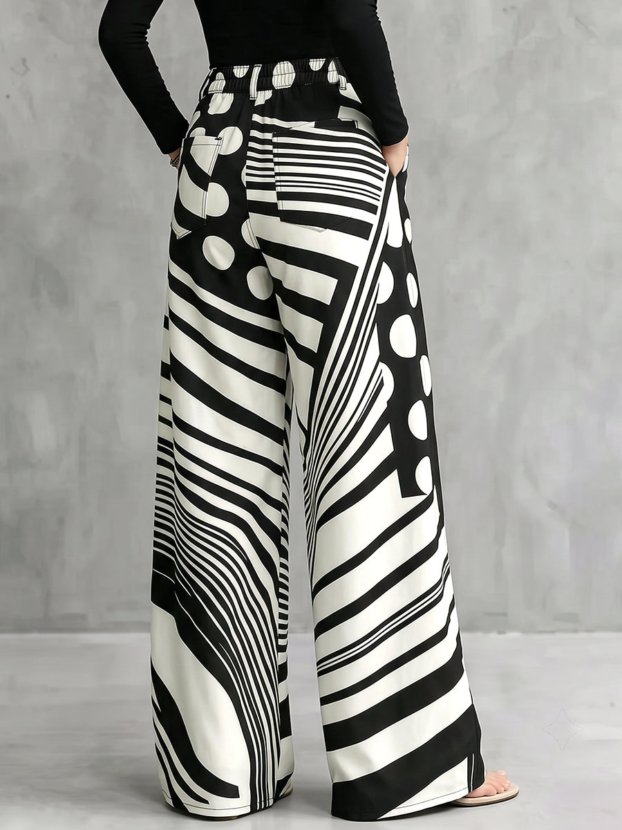 Striped Wide-Leg Button-Detail Zip Pants