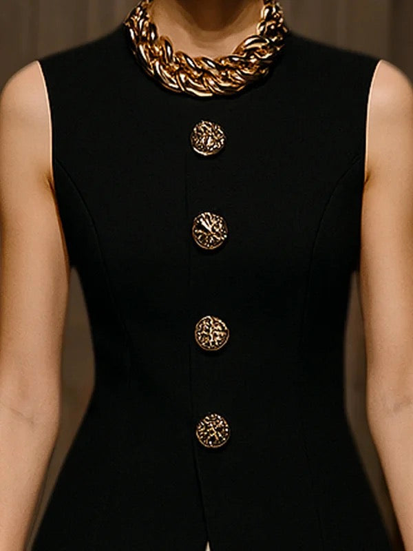 Round-Neck Button-Detail Sleeveless Vest