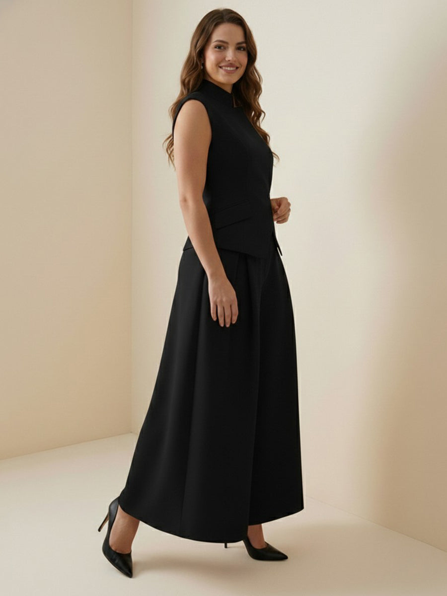 High-Waist Stand-Collar Asymmetric Button-Detail Tank Top