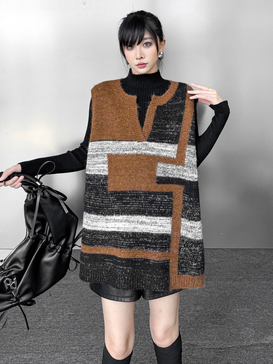 Striped V-Neck Sleeveless Geometric Vest