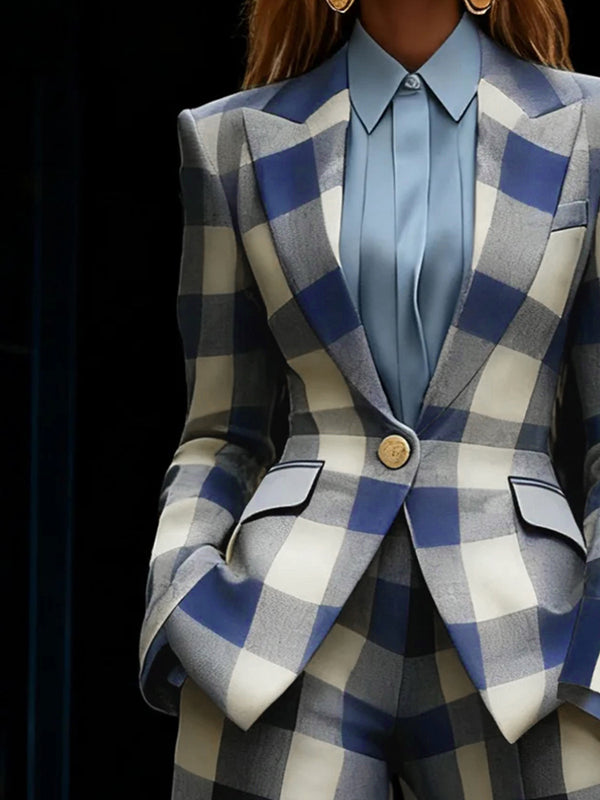 Checked Notch-Collar Button-Detail Pocket Blazer