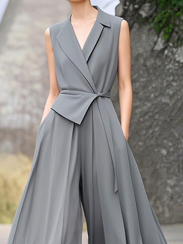 High-Waist Notch-Collar Pleated Pocket Jumpsuit