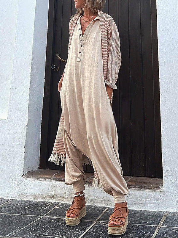 V-Neck Hooded Button-Detail Relaxed Jumpsuit