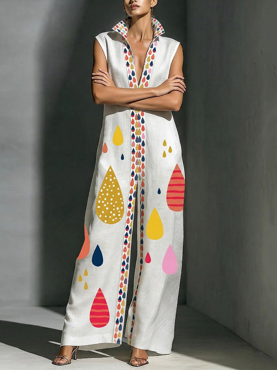Printed Stand-Collar Pocket Relaxed Jumpsuit