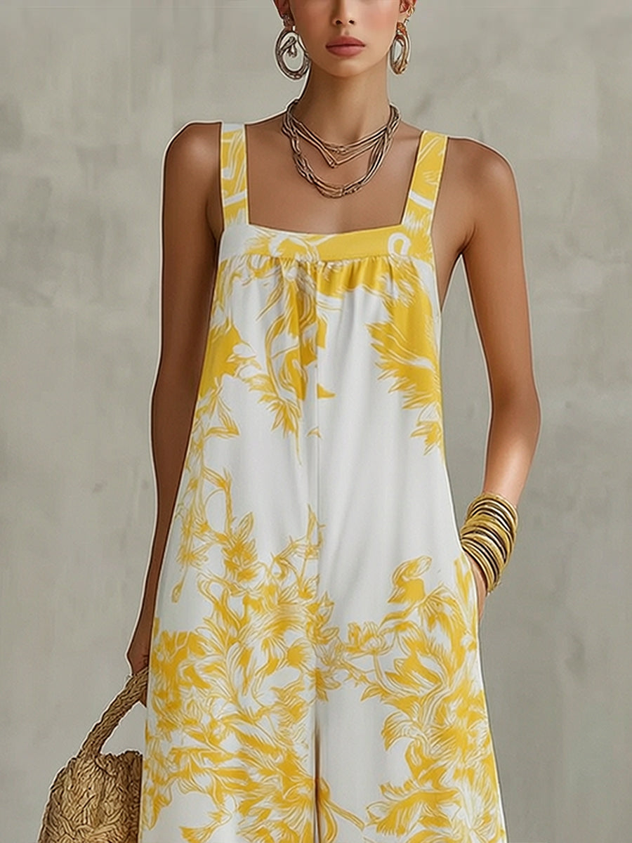 Floral Wide-Leg Pleated Pocket Jumpsuit