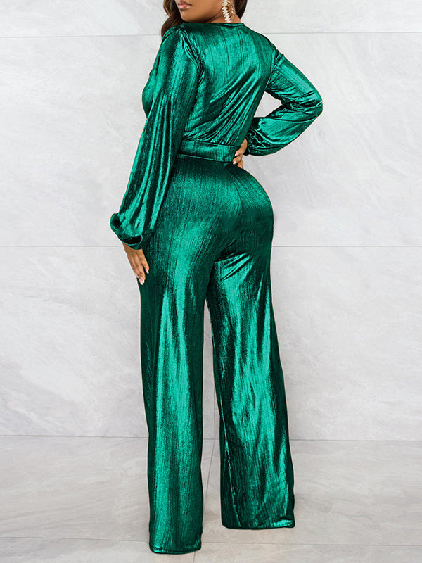 High-Waist V-Neck Elastic Jumpsuit