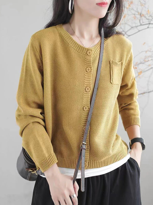 Round-Neck Button-Detail Long-Sleeve Relaxed Cardigan