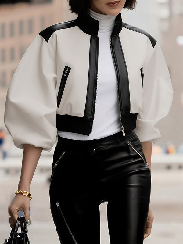 Stand-Collar Zip Contrast Jacket