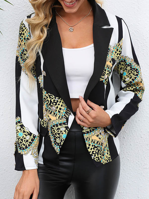 Printed Notch-Collar Button-Detail Pocket Blazer