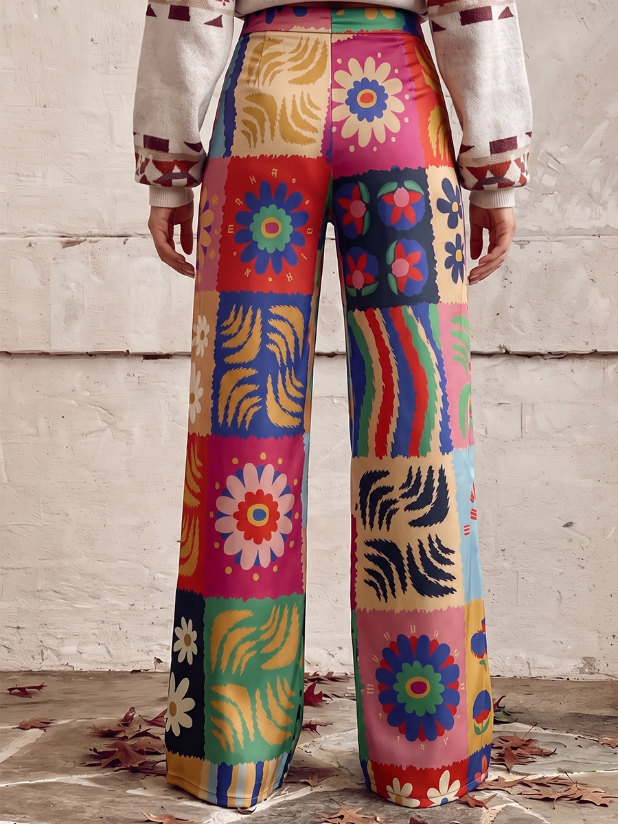 Printed Wide-Leg Plus Size Button-Detail Pants