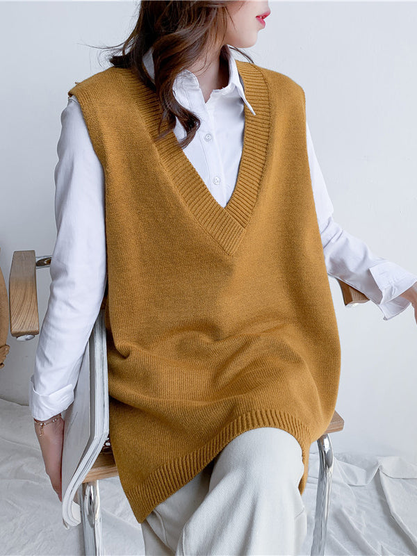 Knit V-Neck Side-Split Sleeveless Vest