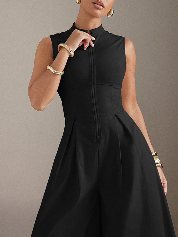Wide-Leg Round-Neck Pleated Zip Jumpsuit