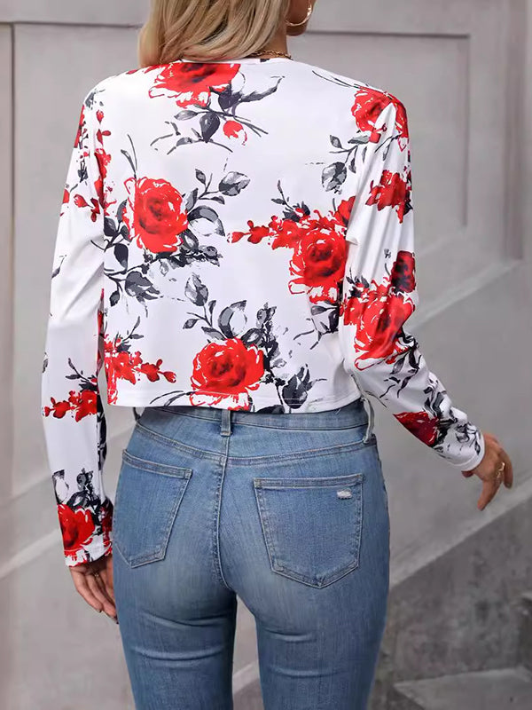 Floral Round-Neck Button-Detail Long-Sleeve Blazer