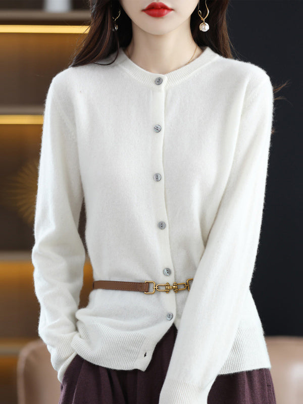 Knit Round-Neck Button-Detail Long-Sleeve Cardigan