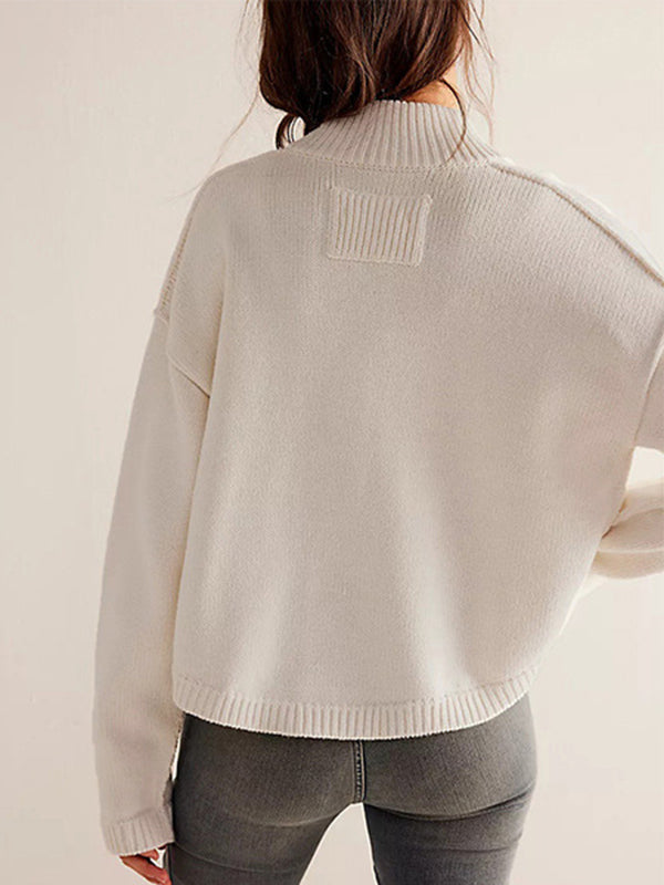 Stand-Collar Button-Detail Pocket Long-Sleeve Cardigan