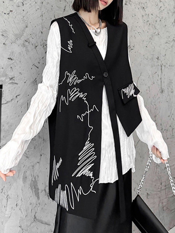 V-Neck Embroidered Asymmetric Button-Detail Vest