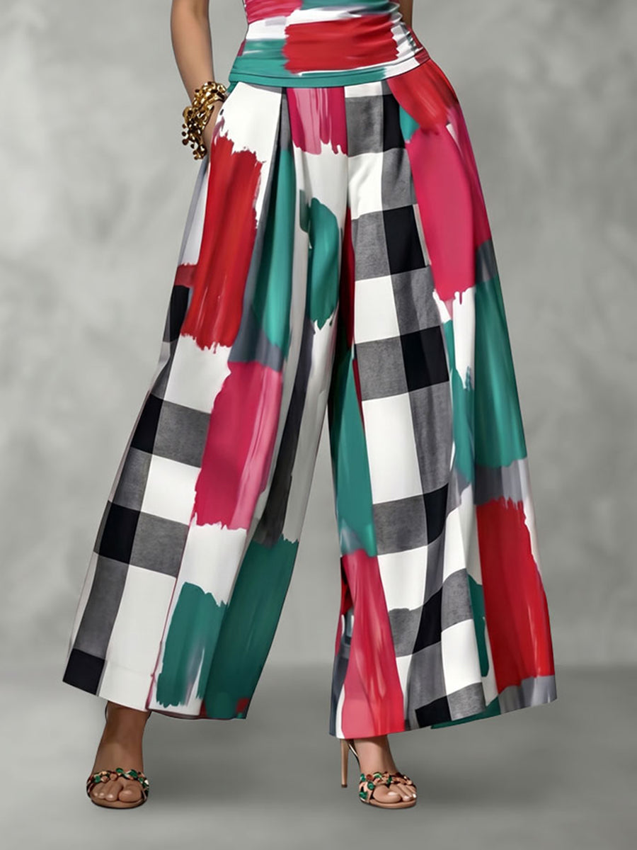 Checked Wide-Leg High-Waist Pleated Pants