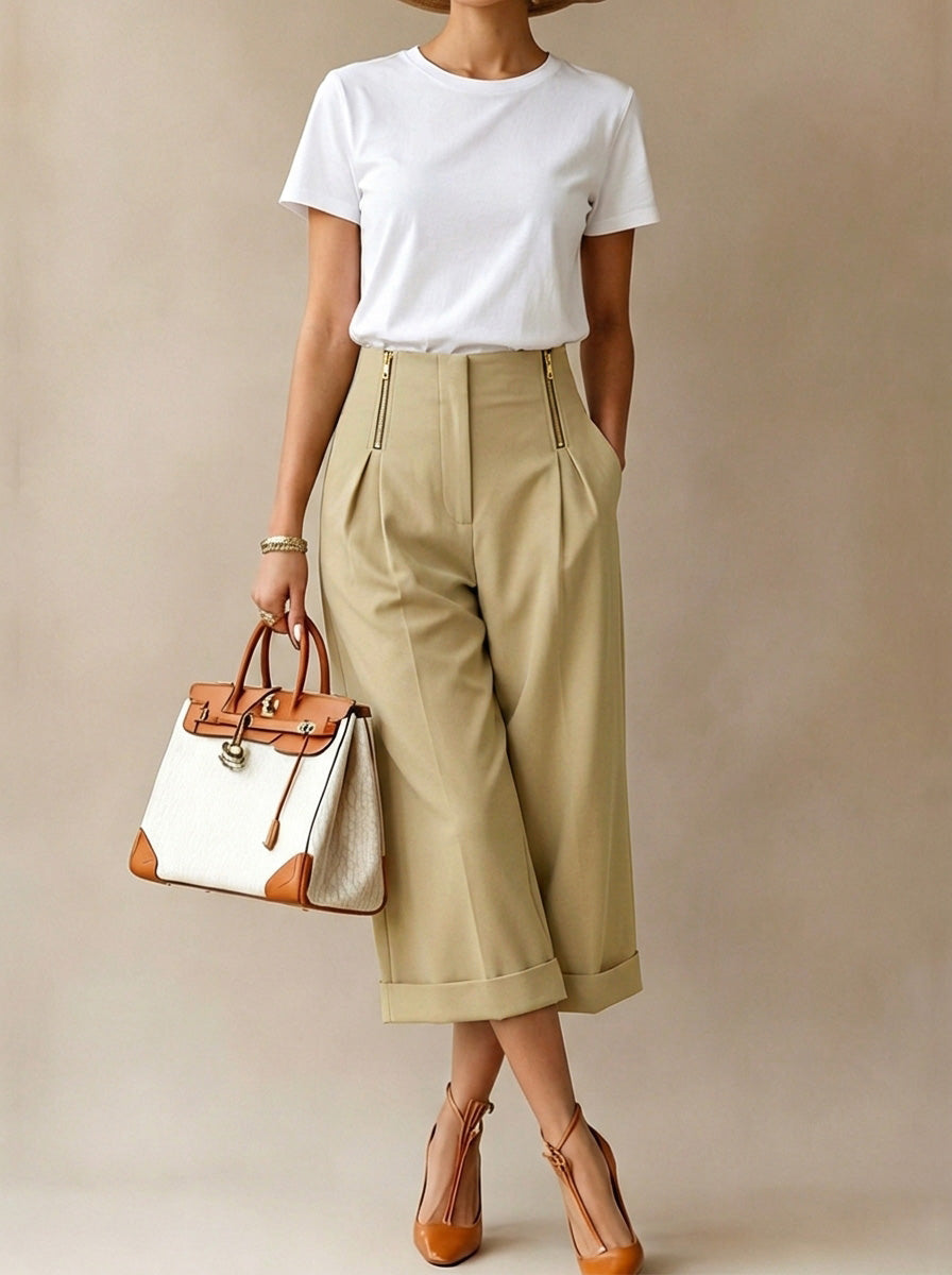 Wide-Leg High-Waist Cropped Pleated Pants