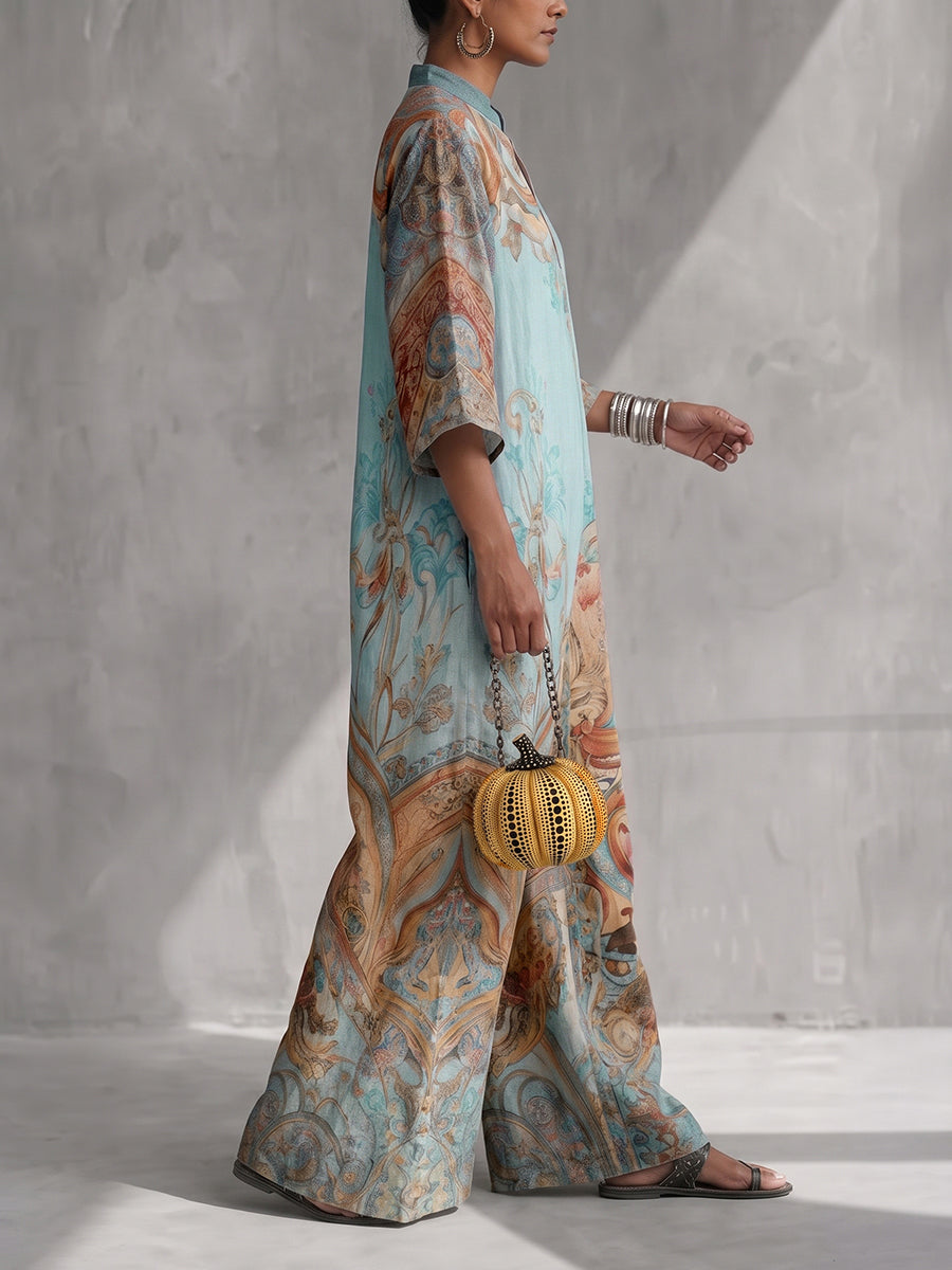 Printed Wide-Leg V-Neck Pocket Jumpsuit
