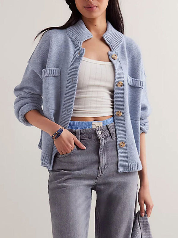 Stand-Collar Button-Detail Pocket Long-Sleeve Cardigan