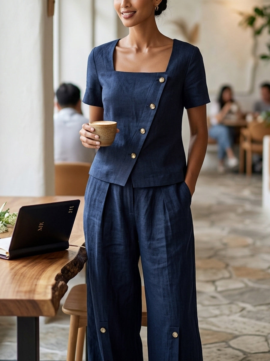 Wide-Leg Button-Detail Pocket Relaxed Pants