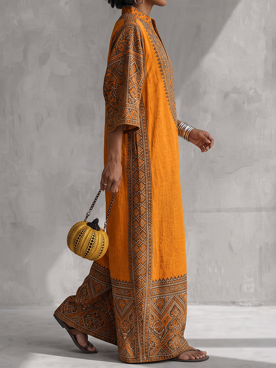Printed V-Neck Pocket Three-Quarter Sleeve Jumpsuit