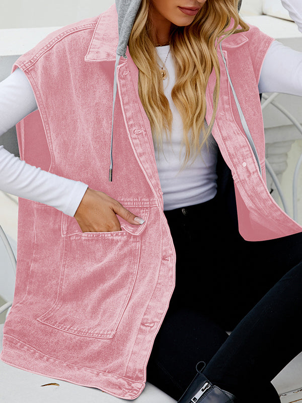 Hooded Button-Detail Pocket Sleeveless Vest
