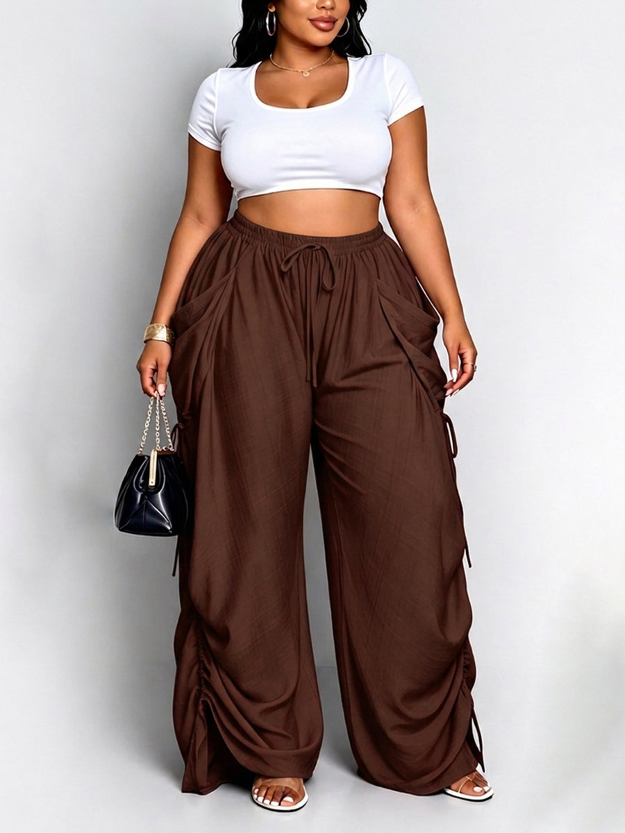 High-Waist Drawstring Pocket Elastic Pants